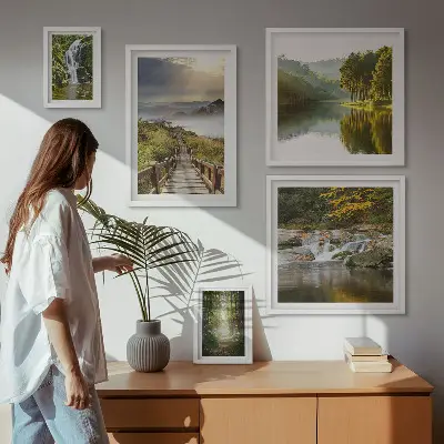 Conjunto de 5 quadros com moldura de paisagens naturais com cachoeiras e trilhas na floresta