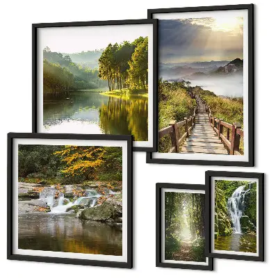 Conjunto de 5 quadros com moldura de paisagens naturais com cachoeiras e trilhas na floresta
