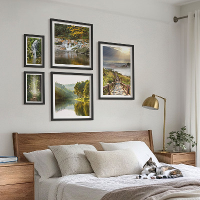 Conjunto de 5 quadros com moldura Paisagens naturais, cachoeiras, trilhas na floresta