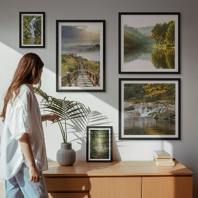 Conjunto de 5 quadros com moldura Paisagens naturais, cachoeiras, trilhas na floresta