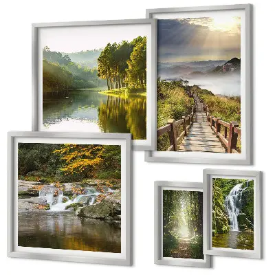 Conjunto de 5 quadros com moldura de paisagens naturais com cachoeiras e trilhas na floresta