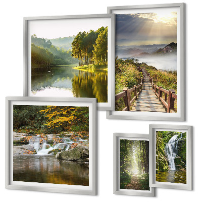 Conjunto de 5 quadros com moldura Paisagens naturais, cachoeiras, trilhas na floresta