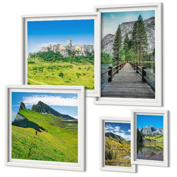 Conjunto de 5 quadros decorativos com paisagens de montanhas e cachoeiras