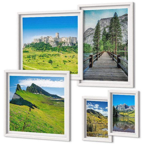 Conjunto de 5 quadros decorativos paisagens montanhosas cachoeiras