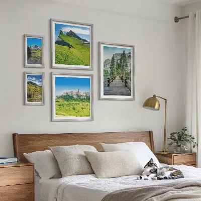 Conjunto de 5 quadros decorativos com paisagens de montanhas e cachoeiras