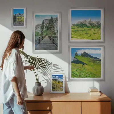 Conjunto de 5 quadros decorativos com paisagens de montanhas e cachoeiras