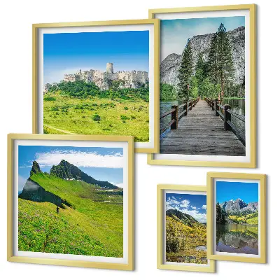 Conjunto de 5 quadros decorativos com paisagens de montanhas e cachoeiras