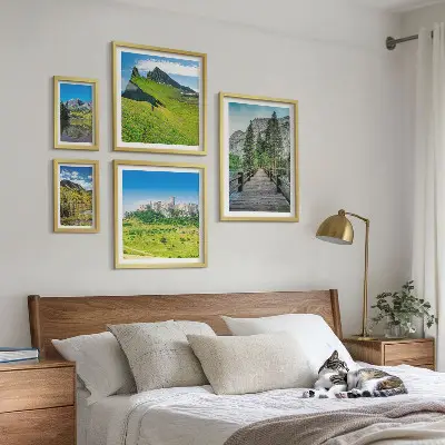 Conjunto de 5 quadros decorativos com paisagens de montanhas e cachoeiras