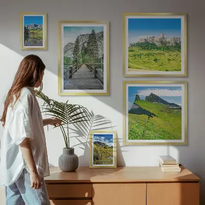 Conjunto de 5 quadros decorativos com paisagens de montanhas e cachoeiras