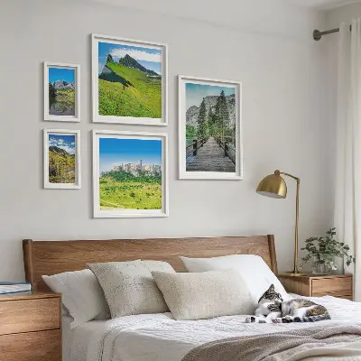 Conjunto de 5 quadros decorativos com paisagens de montanhas e cachoeiras