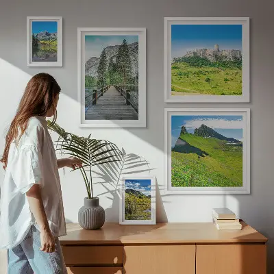 Conjunto de 5 quadros decorativos com paisagens de montanhas e cachoeiras