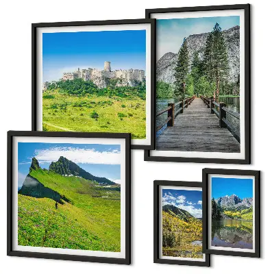 Conjunto de 5 quadros decorativos com paisagens de montanhas e cachoeiras