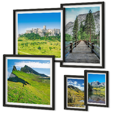 Conjunto de 5 quadros decorativos paisagens montanhosas cachoeiras
