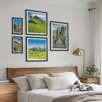 Conjunto de 5 quadros decorativos com paisagens de montanhas e cachoeiras