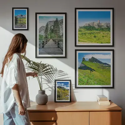Conjunto de 5 quadros decorativos com paisagens de montanhas e cachoeiras