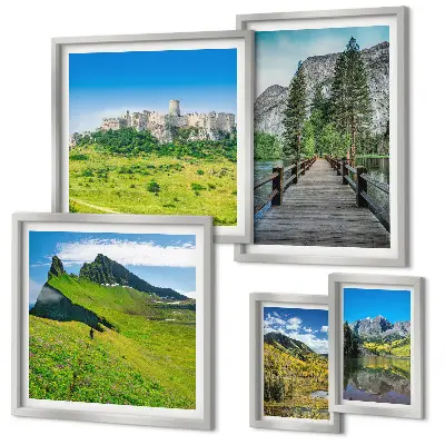 Conjunto de 5 quadros decorativos com paisagens de montanhas e cachoeiras