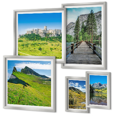 Conjunto de 5 quadros decorativos paisagens montanhosas cachoeiras