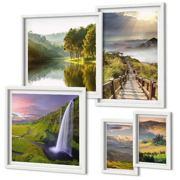 Conjunto de 5 quadros com moldura de paisagens com cachoeiras e montanhas