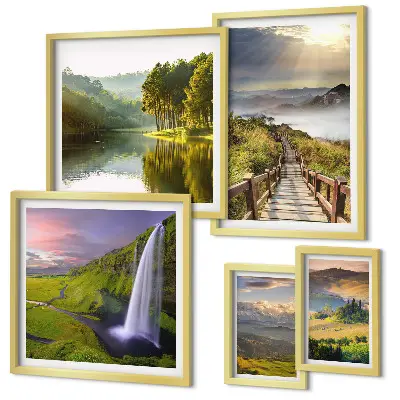 Conjunto de 5 quadros com moldura de paisagens com cachoeiras e montanhas