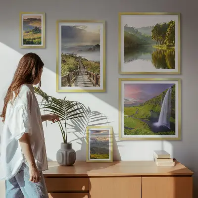 Conjunto de 5 quadros com moldura de paisagens com cachoeiras e montanhas