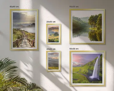 Conjunto de 5 quadros com moldura de paisagens com cachoeiras e montanhas