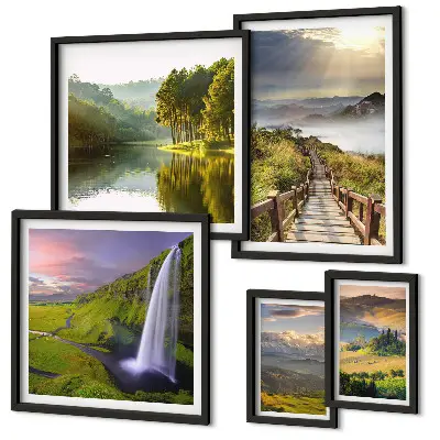 Conjunto de 5 quadros com moldura de paisagens com cachoeiras e montanhas