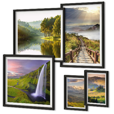 Conjunto de 5 quadros com moldura Paisagens, cachoeiras, montanhas