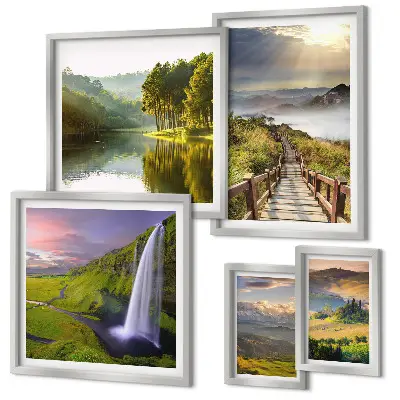 Conjunto de 5 quadros com moldura de paisagens com cachoeiras e montanhas