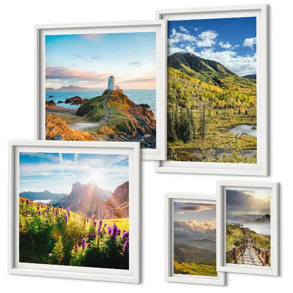 Conjunto de 5 quadros decorativos com paisagens de natureza montanhosa