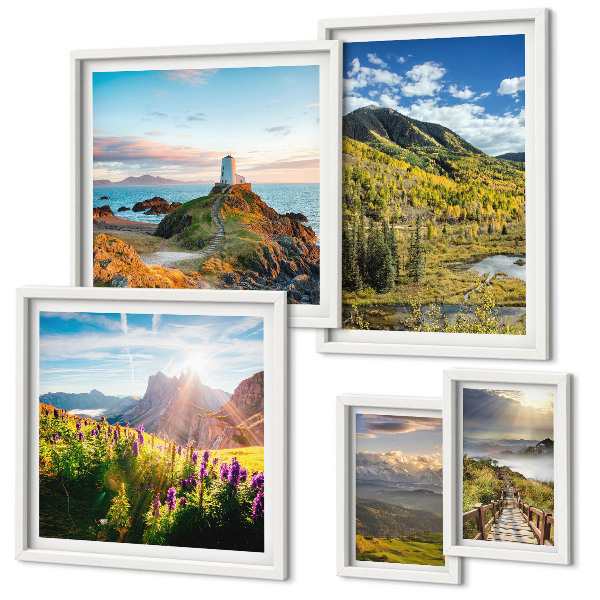 Conjunto de 5 quadros decorativos paisagens montanhosas natureza