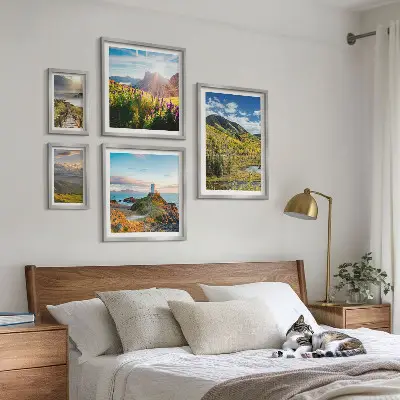 Conjunto de 5 quadros decorativos com paisagens de natureza montanhosa