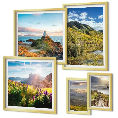 Conjunto de 5 quadros decorativos com paisagens de natureza montanhosa