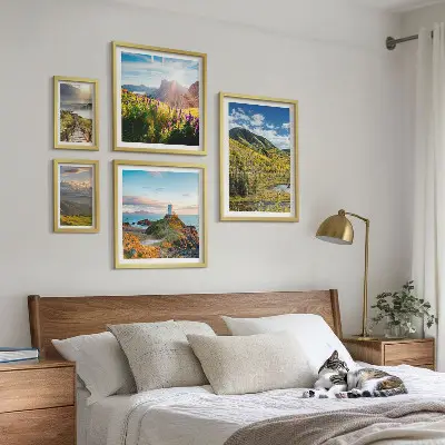 Conjunto de 5 quadros decorativos com paisagens de natureza montanhosa