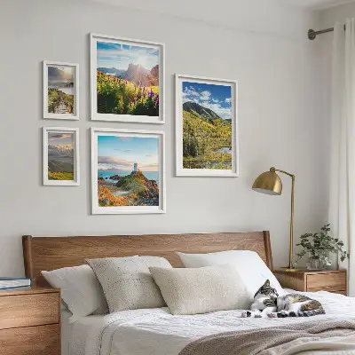 Conjunto de 5 quadros decorativos com paisagens de natureza montanhosa