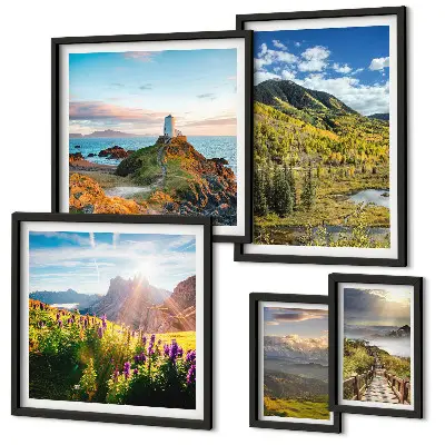 Conjunto de 5 quadros decorativos com paisagens de natureza montanhosa
