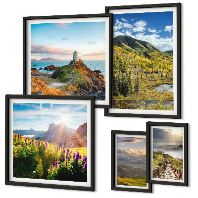 Conjunto de 5 quadros decorativos paisagens montanhosas natureza