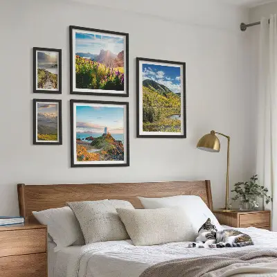 Conjunto de 5 quadros decorativos com paisagens de natureza montanhosa