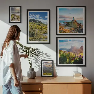 Conjunto de 5 quadros decorativos com paisagens de natureza montanhosa