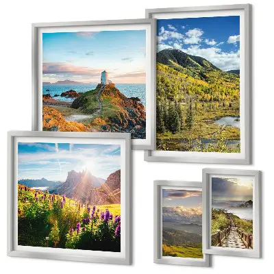 Conjunto de 5 quadros decorativos com paisagens de natureza montanhosa