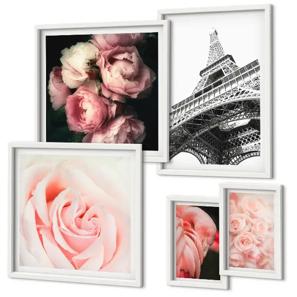 Conjunto de 5 quadros com moldura com tema rosas e Torre Eiffel