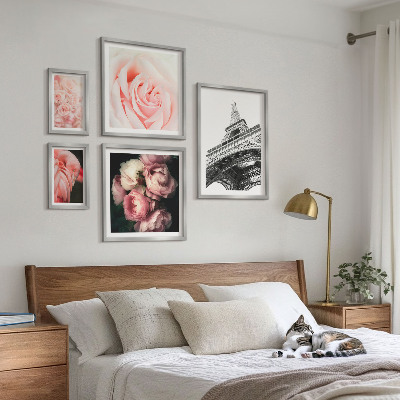 Conjunto de 5 quadros com moldura Rosas Torre Eiffel Romantismo