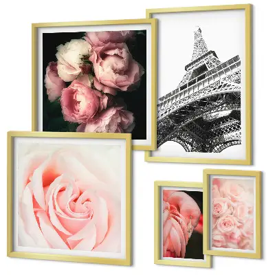 Conjunto de 5 quadros com moldura com tema rosas e Torre Eiffel