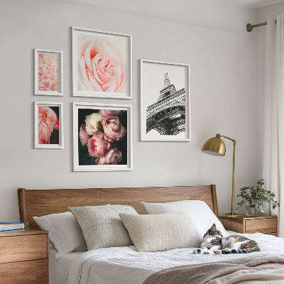 Conjunto de 5 quadros com moldura Rosas Torre Eiffel Romantismo