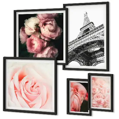 Conjunto de 5 quadros com moldura com tema rosas e Torre Eiffel