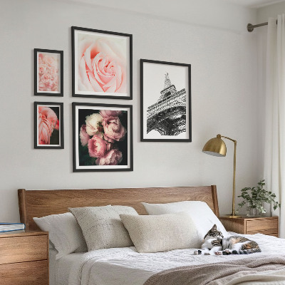 Conjunto de 5 quadros com moldura Rosas Torre Eiffel Romantismo