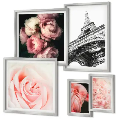 Conjunto de 5 quadros com moldura com tema rosas e Torre Eiffel