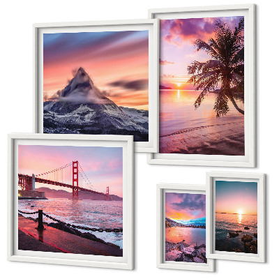 Conjunto de 5 quadros decorativos Paisagens marítimas com palmeiras