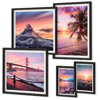 Conjunto de 5 quadros decorativos Paisagens marítimas com palmeiras