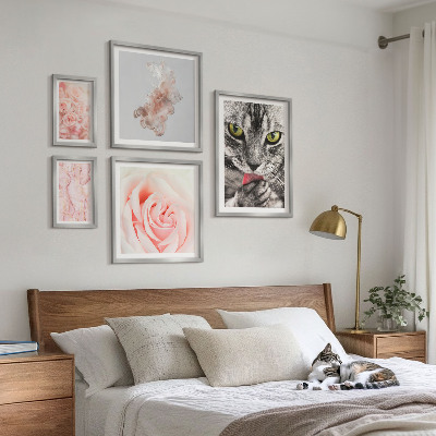 Conjunto de 5 quadros com moldura Rosas de gatos em tons delicados