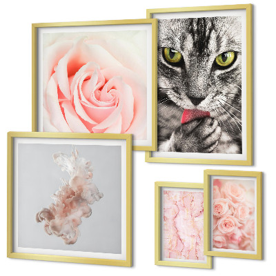 Conjunto de 5 quadros com moldura Rosas de gatos em tons delicados